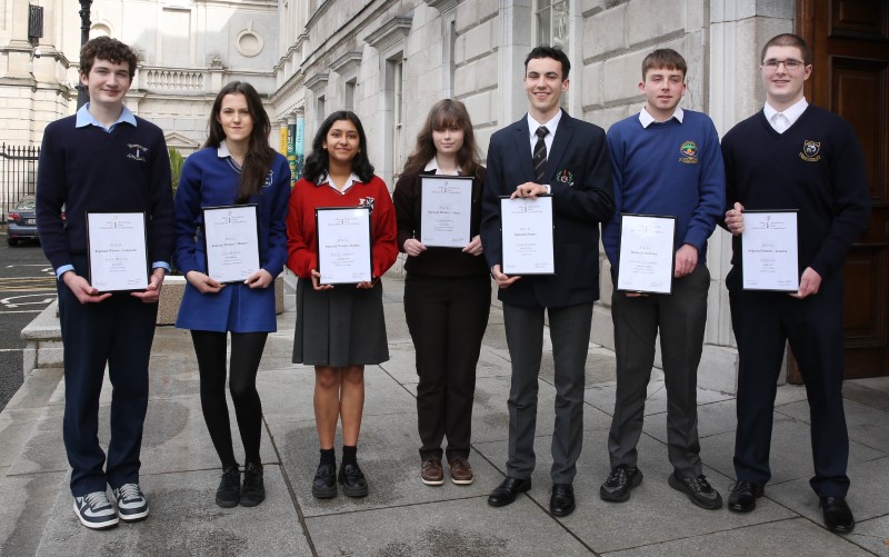 10.3.2023The winners of the first-ever Oireachtas Essay Competition received their prizes today from Ceann Comhairle Sean O Fearghail TD at a ceremony in Leinster House. Seven students from across the island accompanied by their parents/guardians and teachers received prizes amounting to 4,500 Euro for essays on the theme Parliamentary Politics Matters. The competition was devised by Independent NUI Senator Ronan Mullen with the support of An Ceann Comhairle and the Oireachtas Education Unit. Senior cycle students and AS/A Level students across the island were invited to submit their essays in Irish or English. Pic shows the seven winners Dara Morley (Connacht Winner), Kate Mc Keon (Munster Winner), Prachi Agrawai (Dublin Winner), Leanne Healy (Ulster Winner),  James O' Connor (Overall English Winner), Antaine O' Seaghdha (Overall Irish Winner) and Seanan Corr ( Leinster ex. Dublin Winner) at the event on Friday in Lenister House Dublin. Pic John Mc Elroy. NO REPRO FEE.